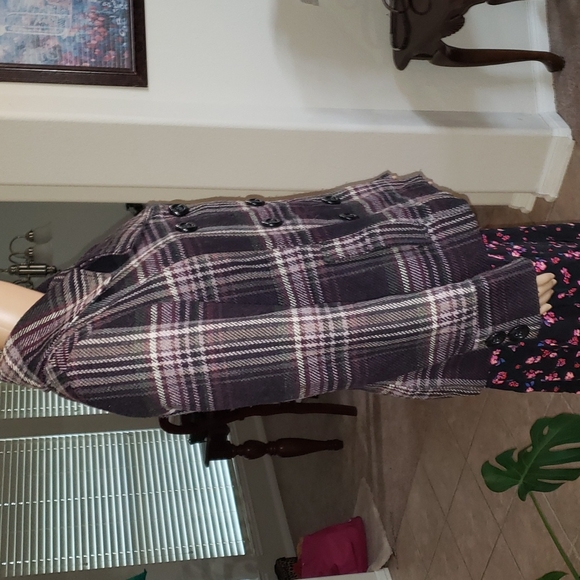 Details international m purple plaid peacoat double breasted pockets heavyweight - Picture 5 of 7